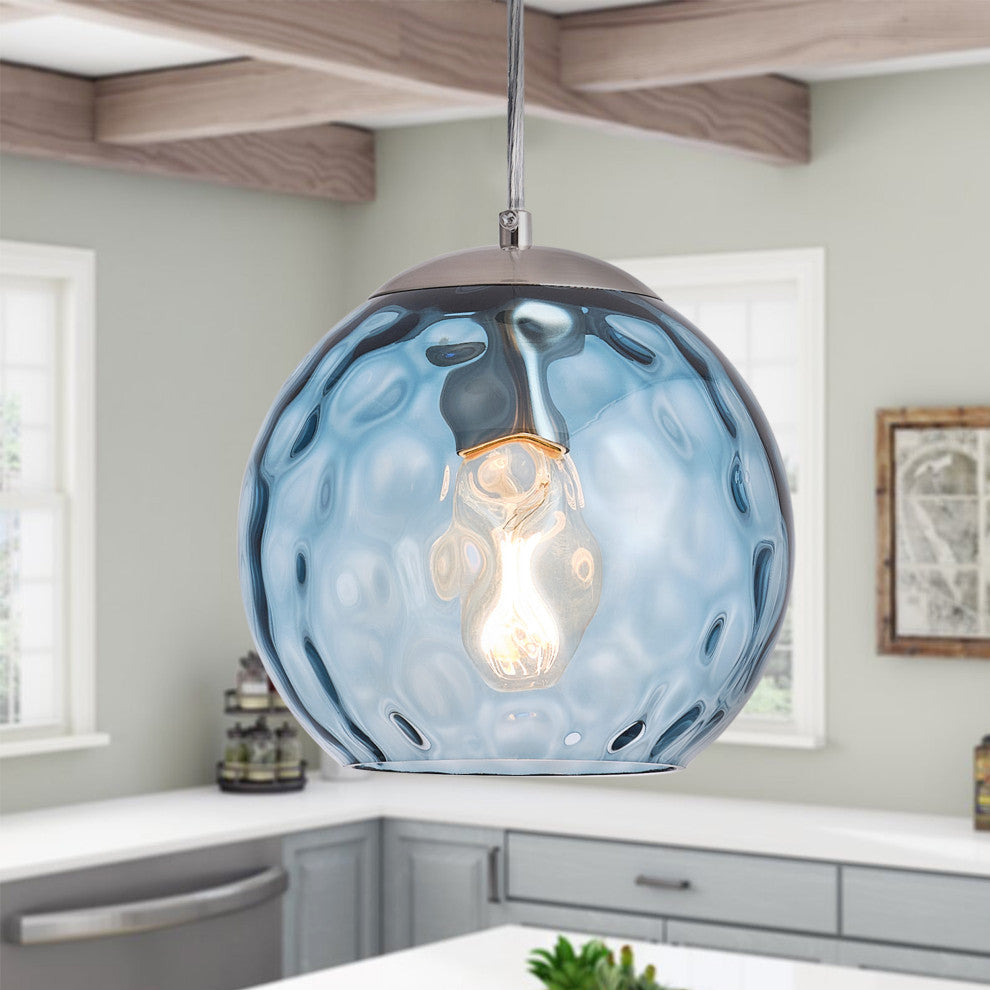 Modern Nickel Kitchen Island Pendant Light with Blue Water Ripple Glass Shade
