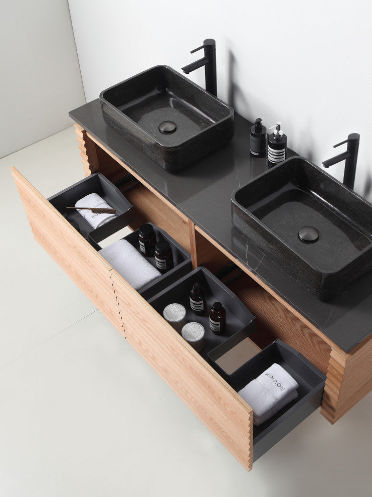 OCALA Wall Mount Modern Bathroom Vanity, Maple, 60", Double-Sink
