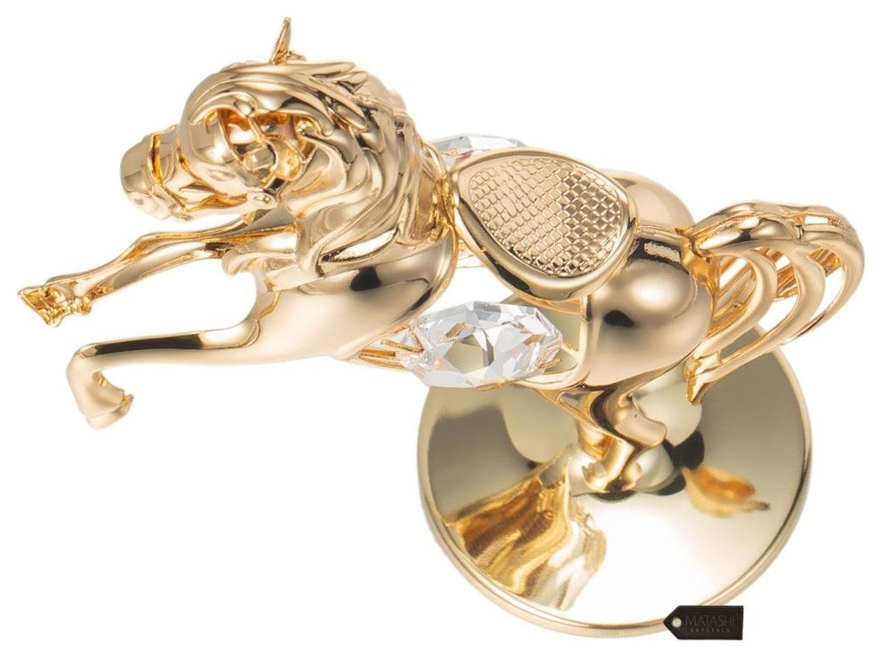 24K Gold Plated Crystal Studded Horse On a Pedestal Ornament