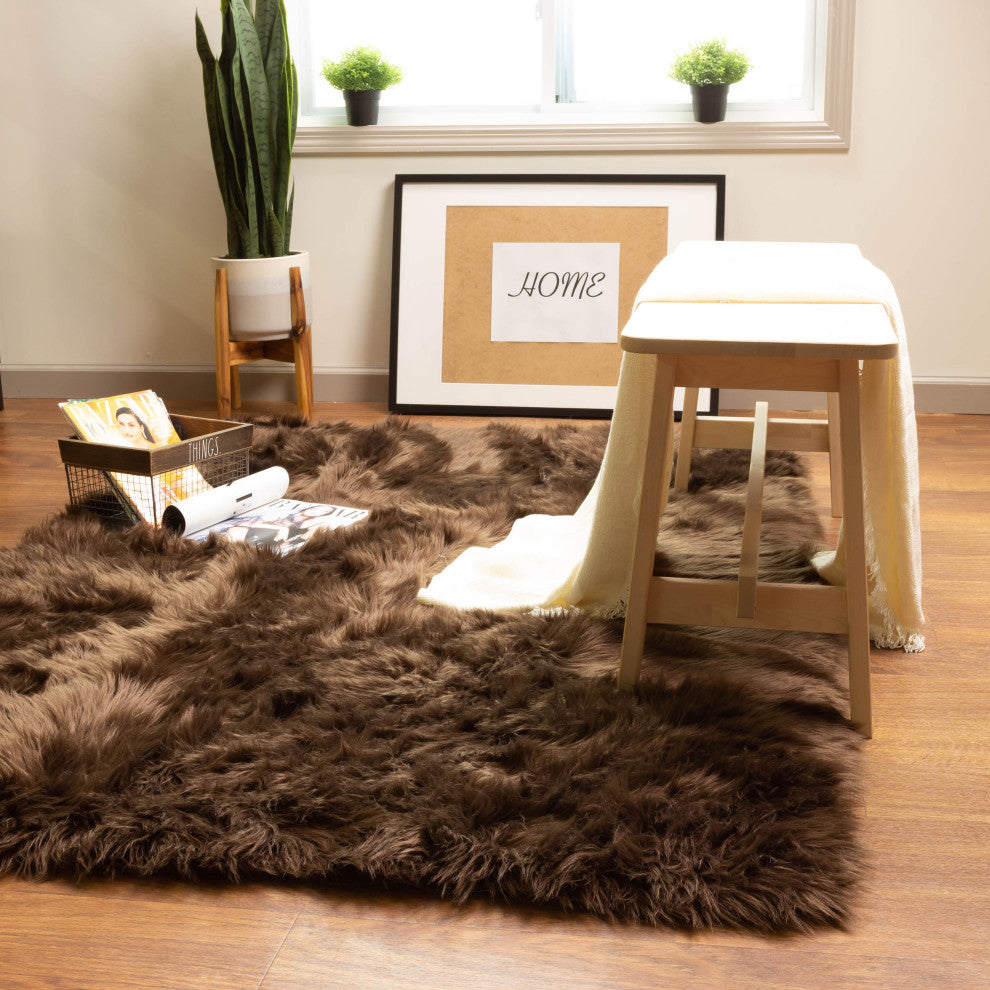 Plush and Soft Faux Sheepskin Fur Shag Area Rug, Dark Brown, 4' X 6'