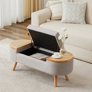 Wood Ottoman Storage Bench with Rattan,Linen Seat, Grey