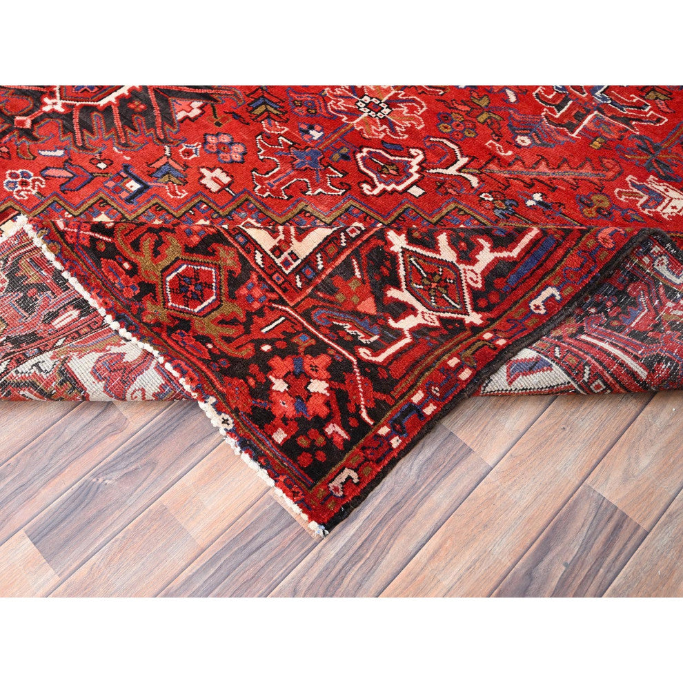 Cardinals Red Pure Wool Hand Knotted Semi Antique Persian Heriz Rug 9'4"x12'5"