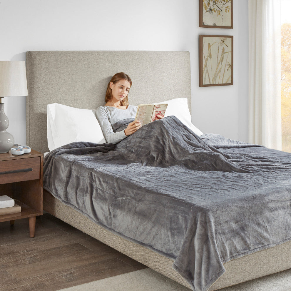 Beautyrest Solid Microlight to Solid Microlight Heated Blanket, Gray, Twin