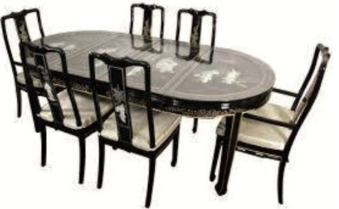 Black Lacquered With Mother Of Pearl Oriental Dining Table Set