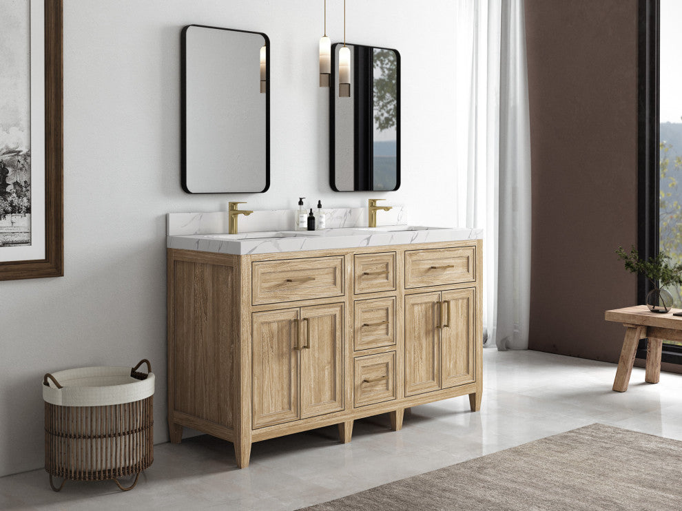 Santa Monica 60 Double Sink Bathroom Vanity in Whitewashed Teak 2" Empira Quartz