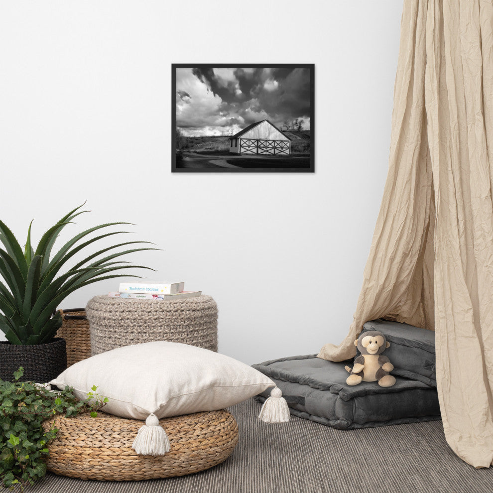 Aging Barn Morning Sun in Black and White Framed Photo Paper Wall Art Prints, Black, 18" X 24"