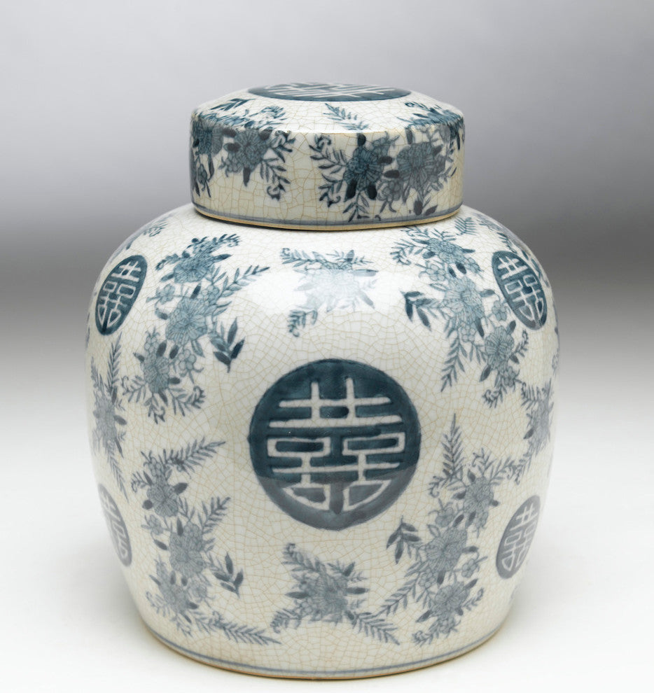 Blue and White Round Jar With Lid