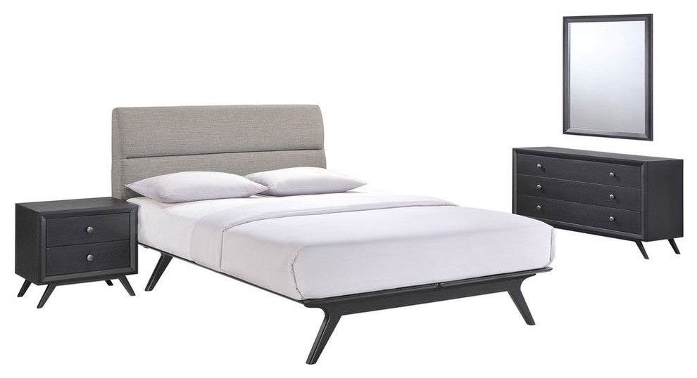 Modern Urban Contemporary 4-Piece Set Queen Size Bedroom Set, Gray Fabric Wood