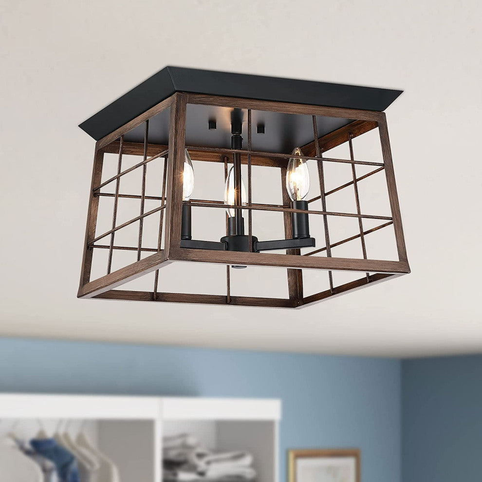 3 light Wooden Close to Ceiling Lighting lamp farmhouse black Flush Mount