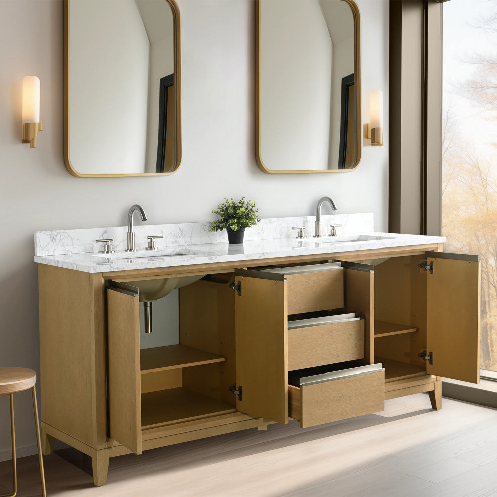 Vanity Art Bathroom Vanity With Sink, Natural Oak, 72" Double