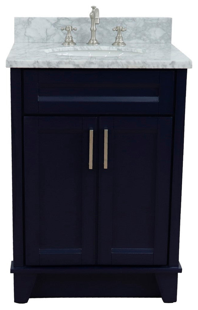 25" Single Sink Vanity, Blue Finish With White Carrara Marble And Oval Sink