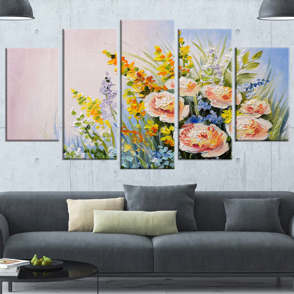 Abstract Bouquet of Summer Flowers, Flower Artwork on Canvas, 60"x32", 5 Panels