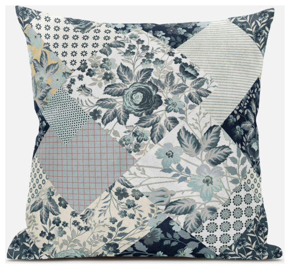 18" Gray White Floral Zippered Suede Throw Pillow