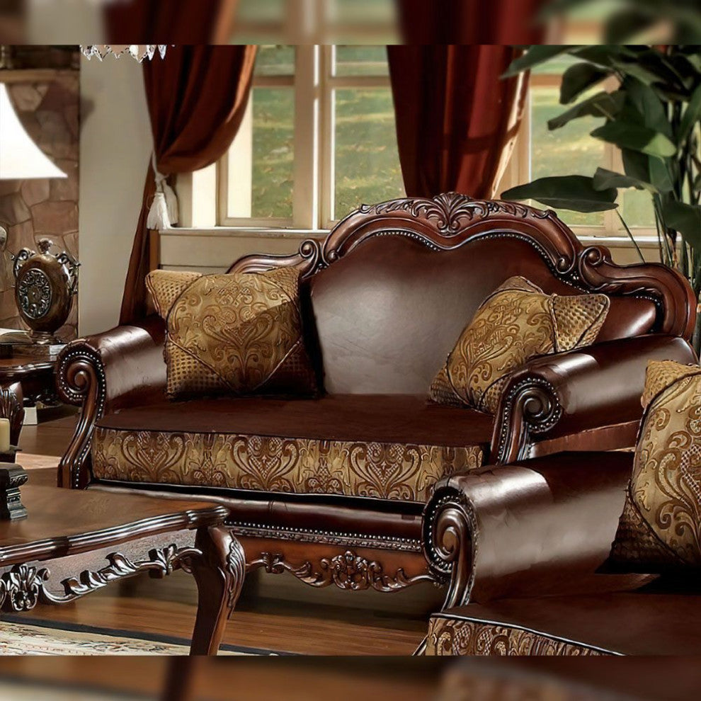 Dresden Loveseat With 2 Pillows, Brown PU and Chenille, Cherry Oak