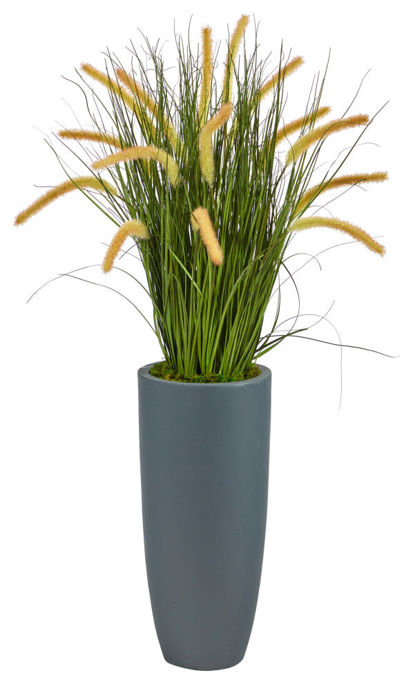 37" Onion Grass Artificial Plant, Gray Planter