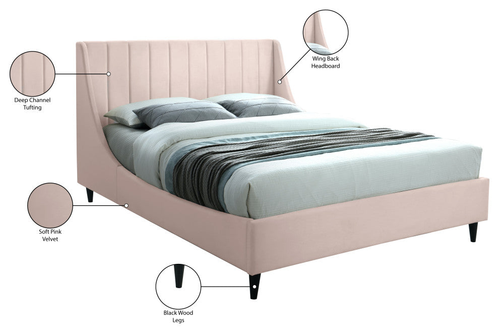 Eva Velvet Upholstered Bed, Pink, King
