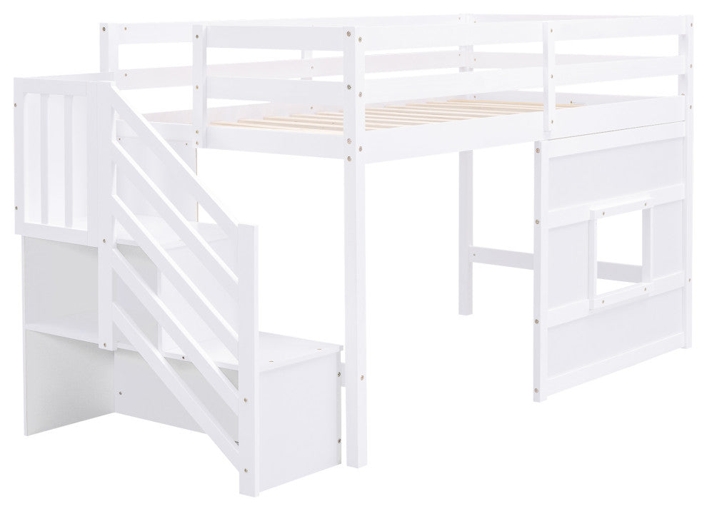 Gewnee Twin Size Loft Bed with Storage Staircase and Window