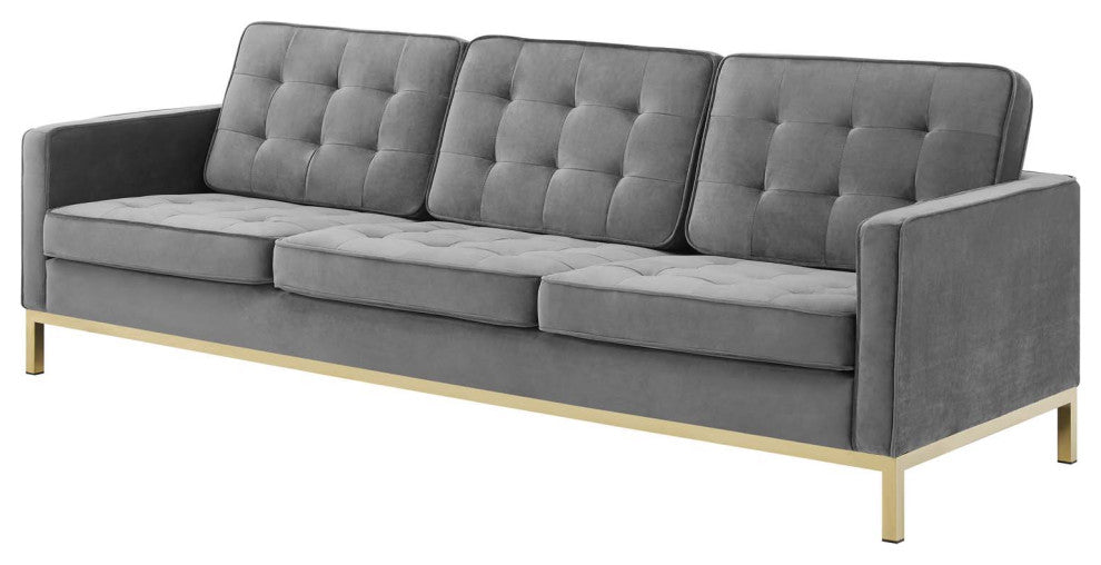 Armchair and Loveseat Sofa Set, Velvet, Gold Gray, Modern, Lounge