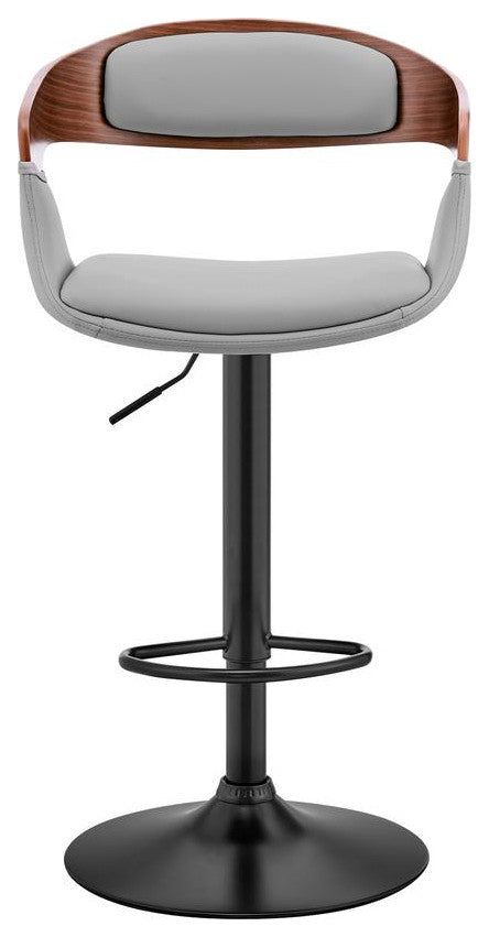 Benson Adjustable Gray Faux Leather and Walnut Wood Bar Stool with Black Base