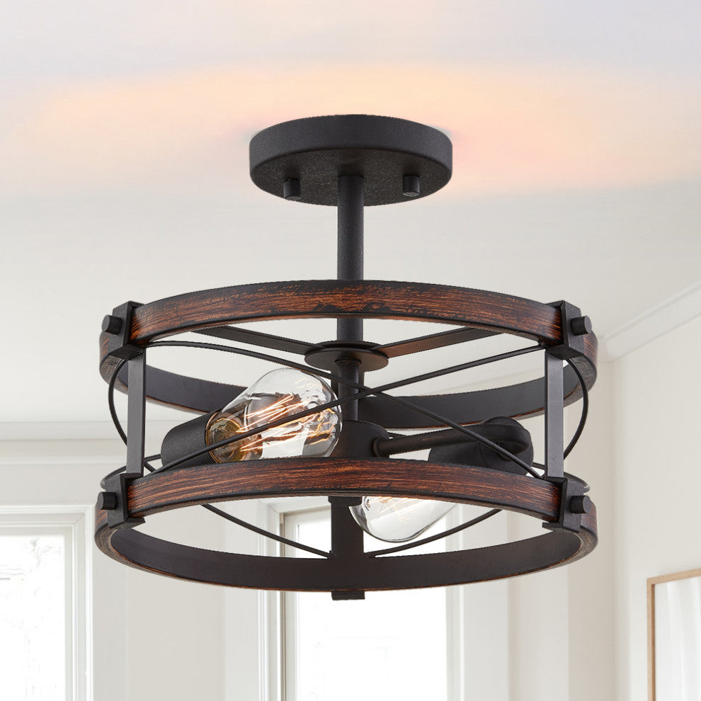 15" W 2-Light Black Vintage Rustic Semi-Flush Mount Ceiling Light