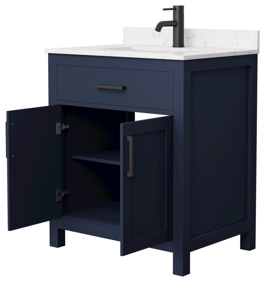 30"SGL Vanity Dark Blue, Carrara Cult. Marble Countertop, Sink, Black Trim