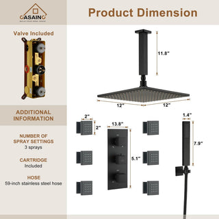 CASAINC 12" Ceiling Mounted Luxury LED Shower Head Handheld Spray, Matte Black
