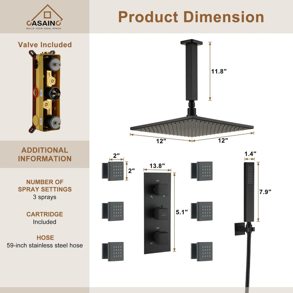 CASAINC 12" Ceiling Mounted Luxury LED Shower Head Handheld Spray, Matte Black