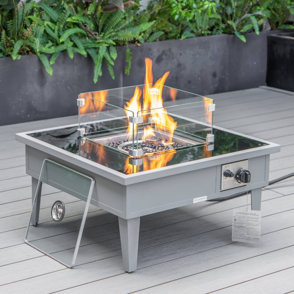 LeisureMod Walbrooke Square Fire Pit Table and Tank Holder, Gray