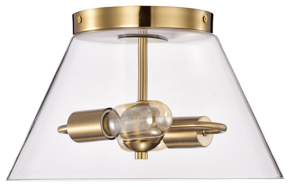Dover 2-Light Small Flush Mount Fixture, Vintage Brass With Clear Glass