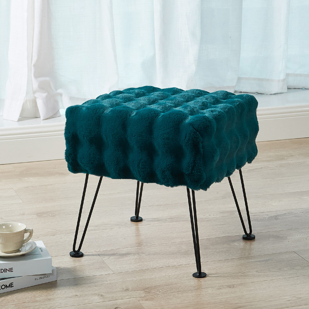Bubble Square Faux Fur Ottoman Stool, Teal, 17''x17''x17''