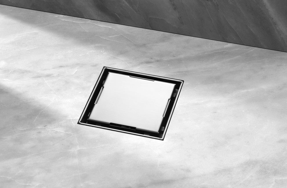 HEATGENE Square Shower Drain With Flat Cover With Base Flange, Brush, 6"