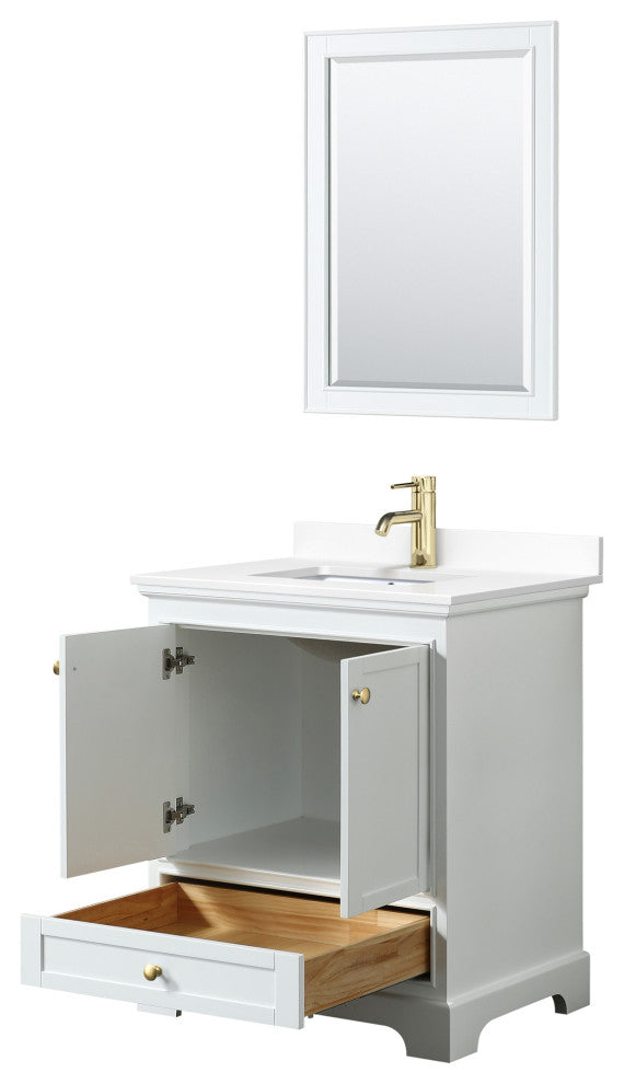 30"SGL Vanity White, White Cult. Marble Countertop, Sink, Gold Trim, 24"Mirror