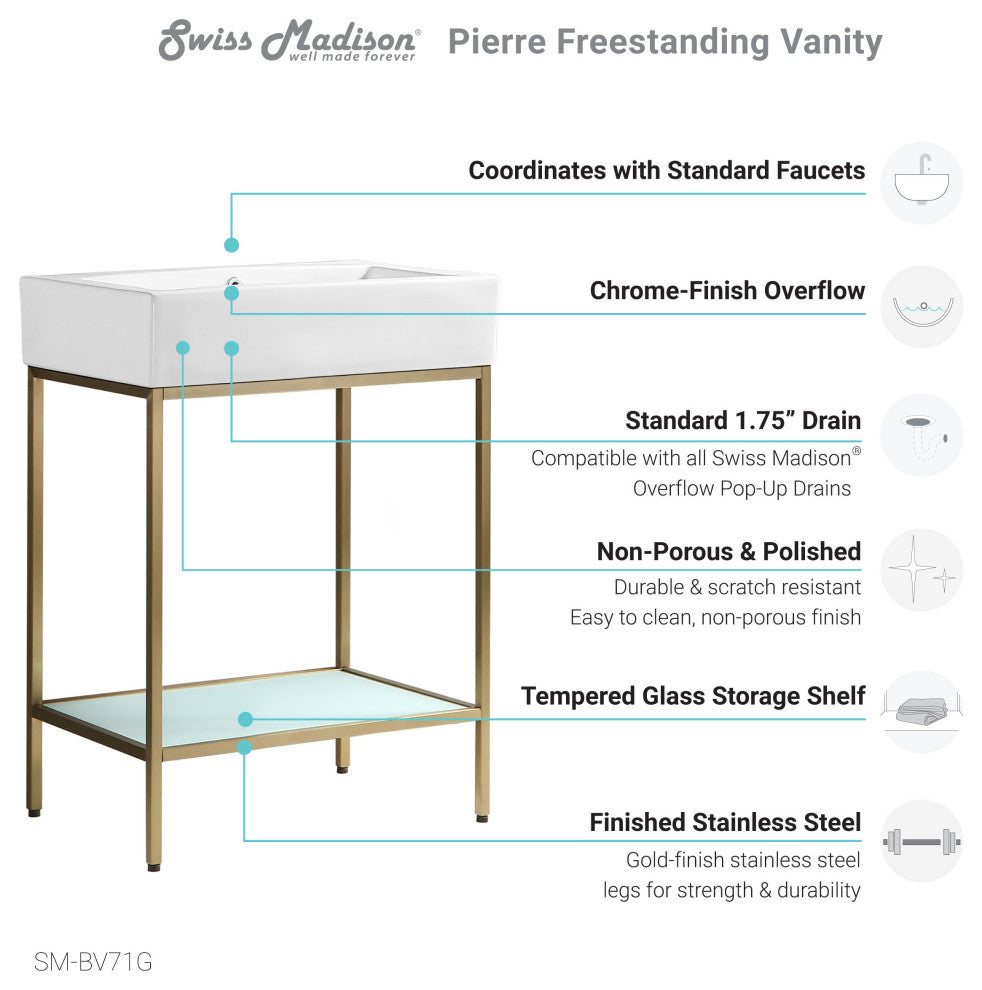 Pierre 24" Single, Freestanding, Open Shelf, Metal Frame Vanity, Gold