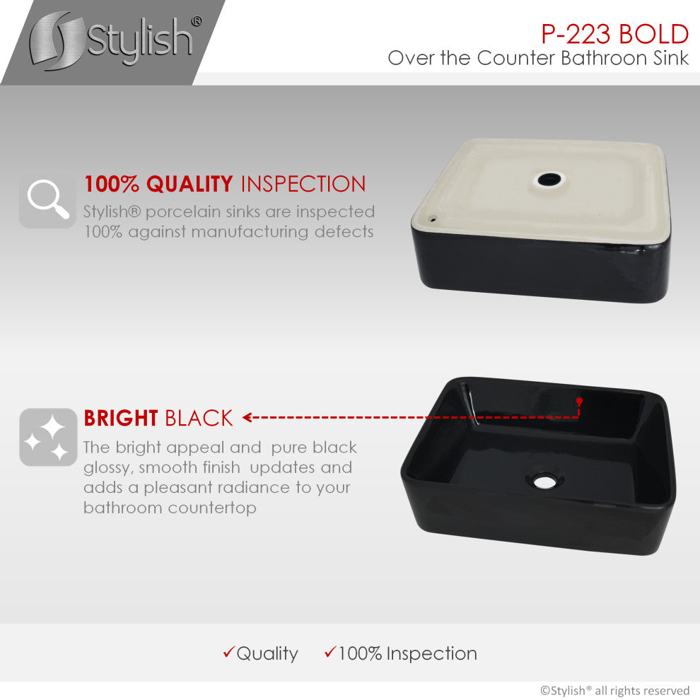 STYLISH 18" White Rectangular Ceramic Vessel Bathroom Sink Black