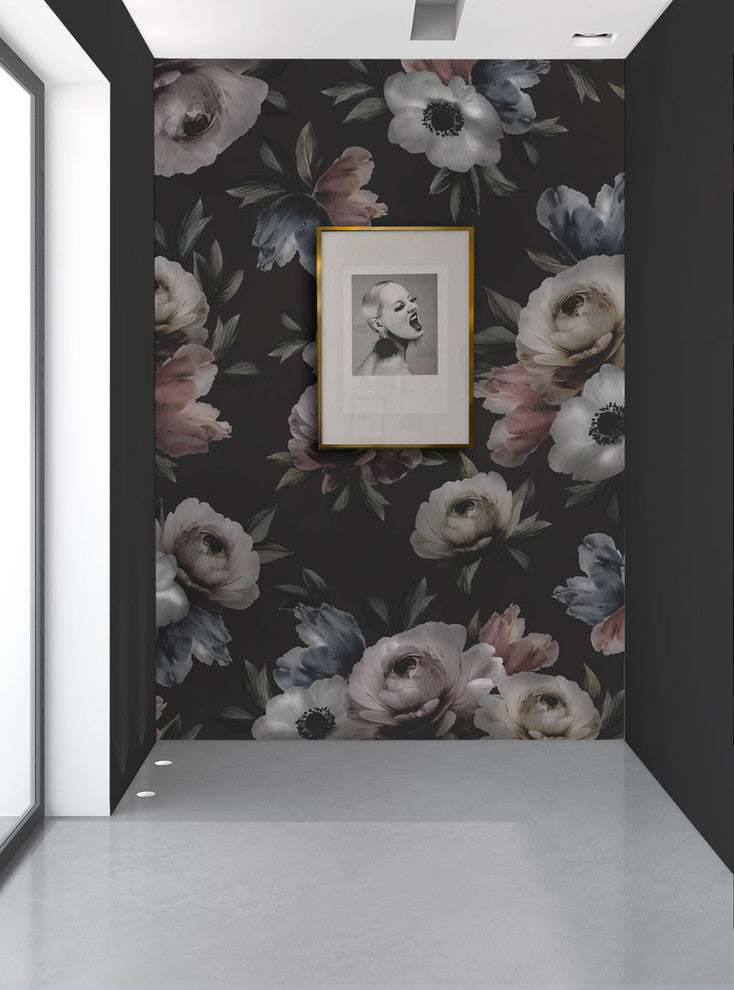 Floral Mural Wall Art Peel and Stick Vinyl Wallpaper, Midnight, 24"w X 96"h