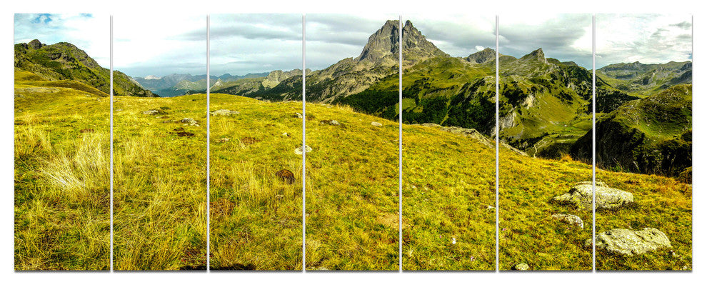 Bright Green Mountain Panorama, Landscape Canvas Art Print, 83"x32", 7 Panels