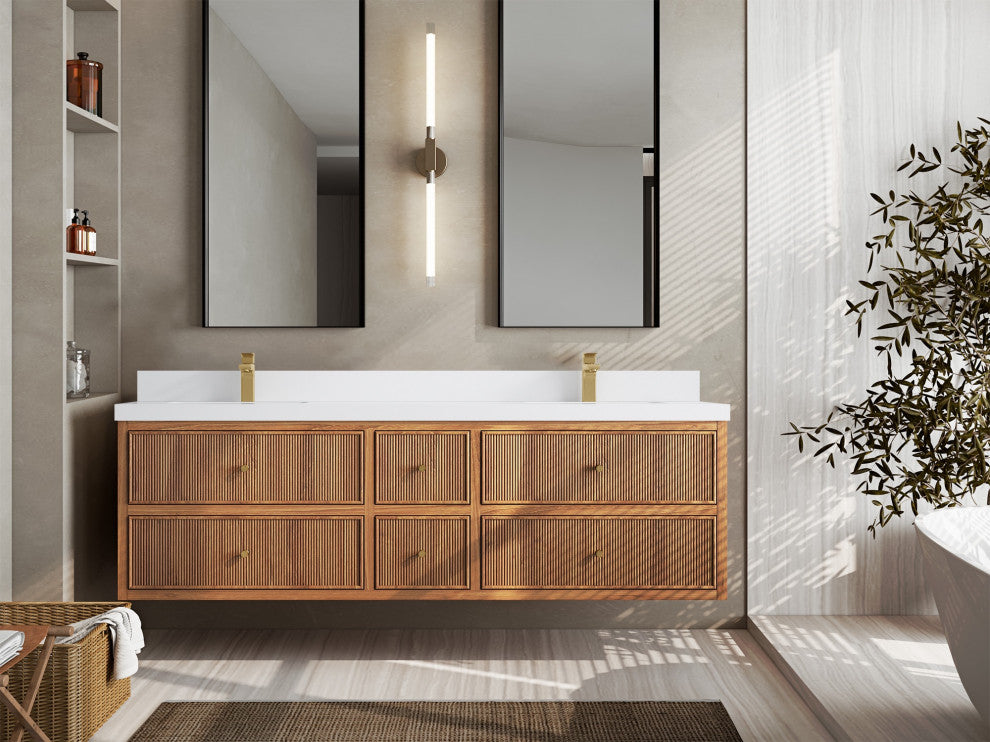 Sonoma Floating 72 Double Sink Vanity in Dark Natural with 2" White Quartz