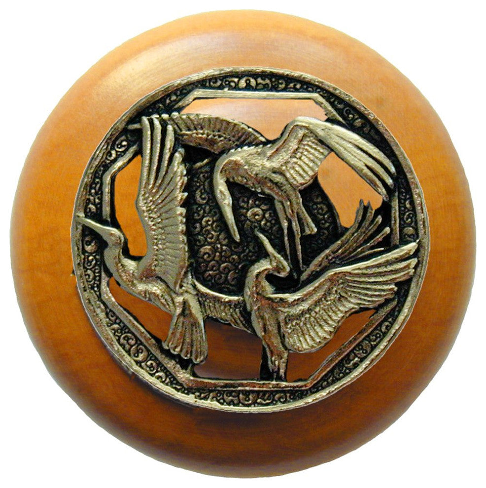 Crane Dance Wood Knob, Antique Brass, Maple Wood Finish, Brite Brass