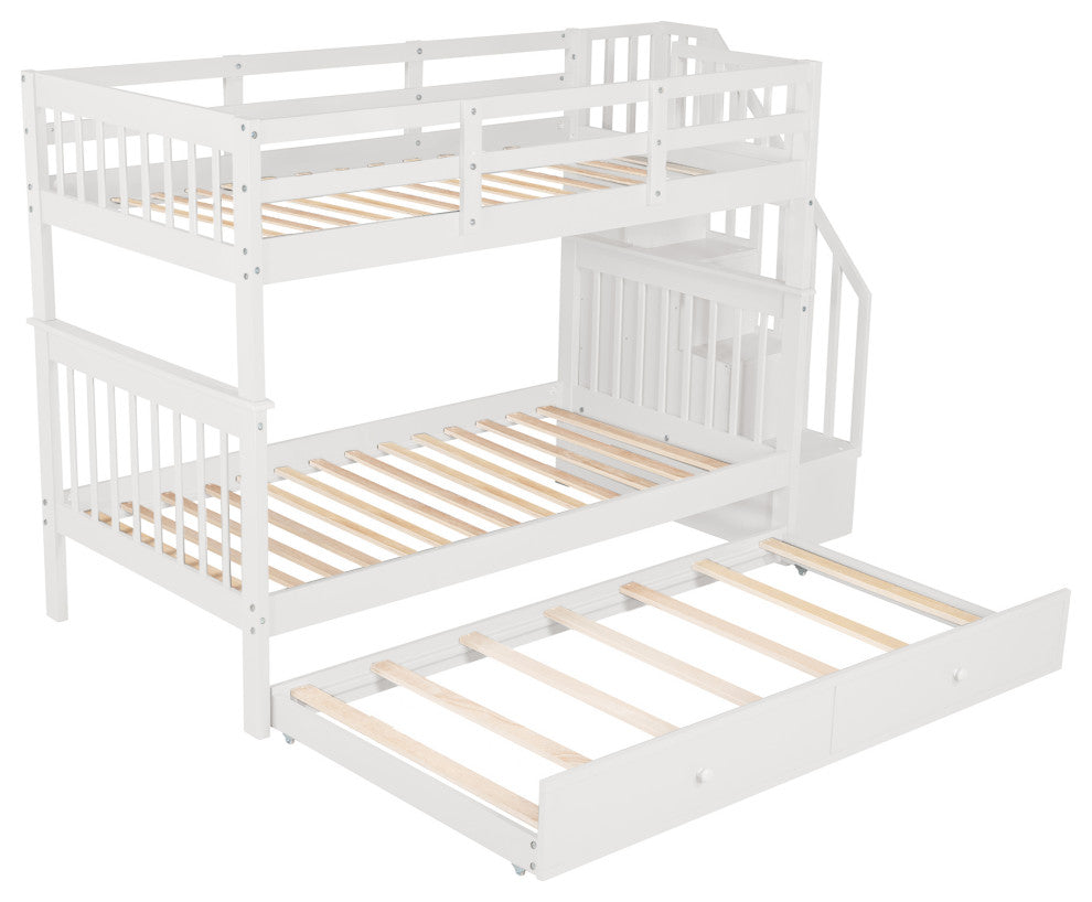 Gewnee Wood Twin-Over-Twin Bunk Bed with Trundle and Stairway in White
