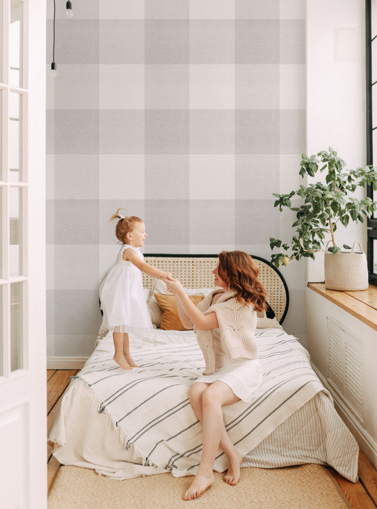 Checkered Fabric Look Large Peel and Stick Vinyl Wallpaper, Gray, 24" X 60"