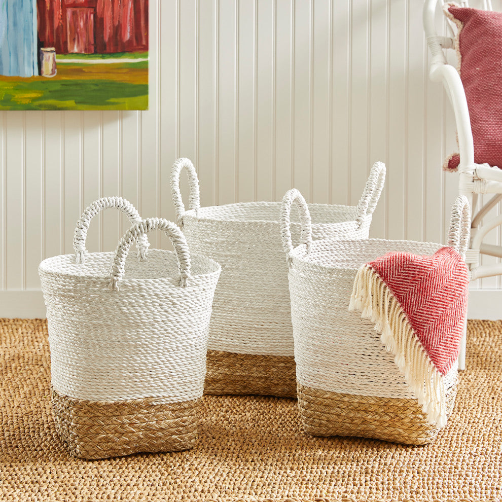 Set of 3 Contemporary Casual Natural White Round Tote Baskets Handles Large