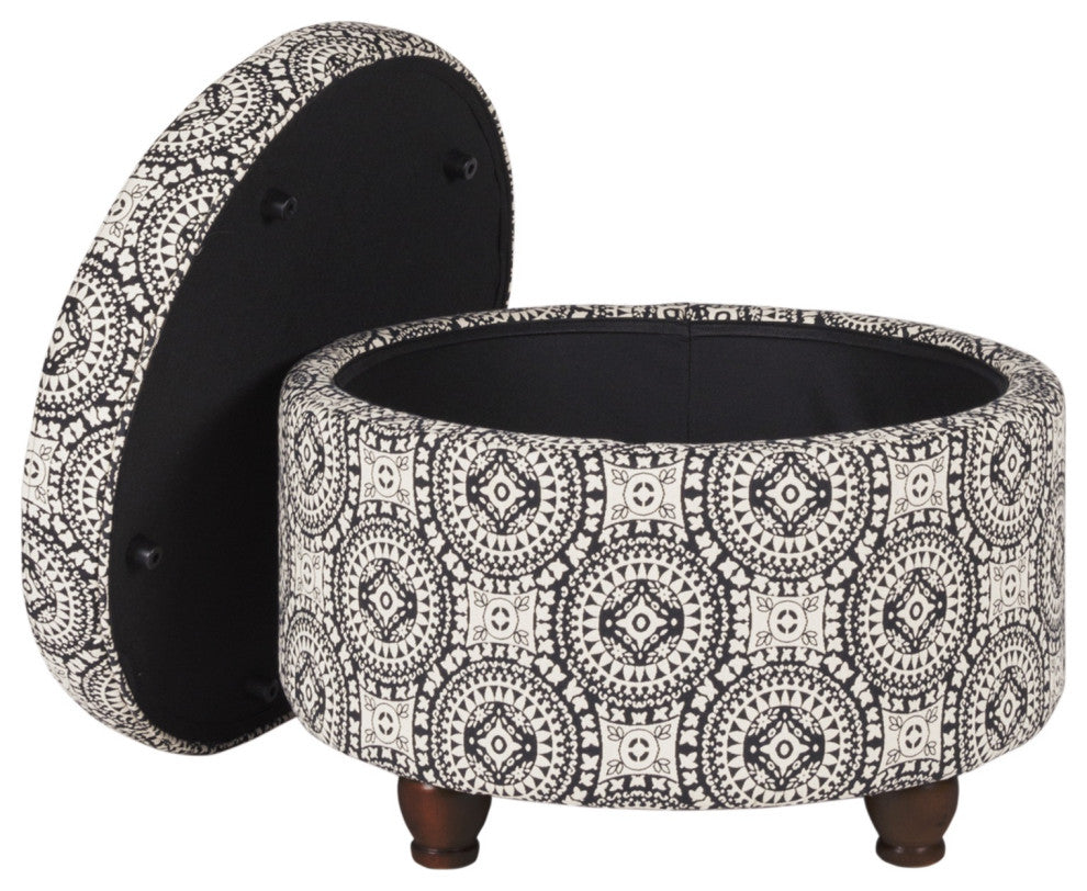 Benzara BM194943 Fabric Upholstered Ottoman With Wooden Bun Feet, Cream/Black