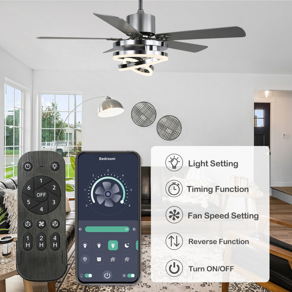 52" Ceiling Fan with Adjustable LED Light Kit, 3 Color Tone 6 Fan Speed, Chrome