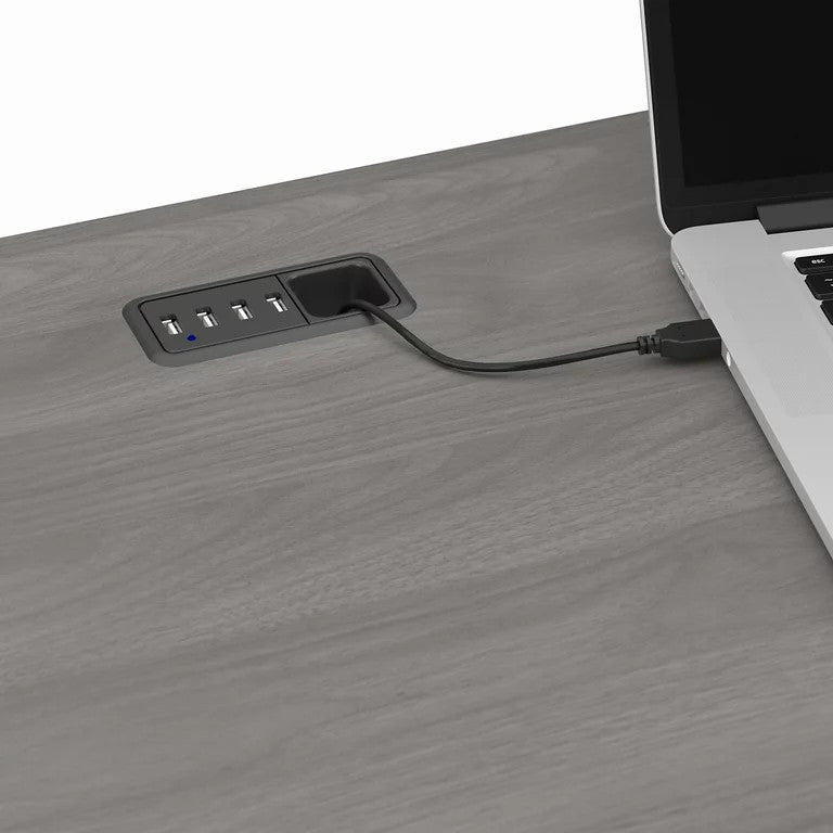 L-Shaped Desk, Worktop With USB Charging Ports & Cable Management, Modern Gray