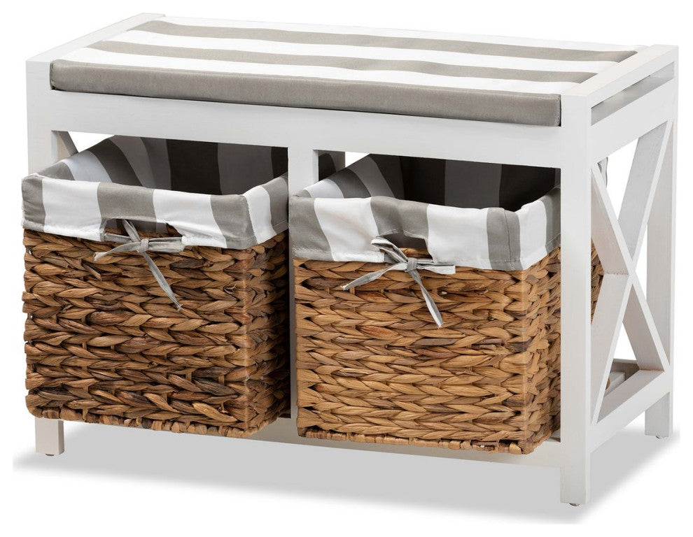 Abarne Grey and White Fabric and White Finished Wood Storage Bench with Baskets