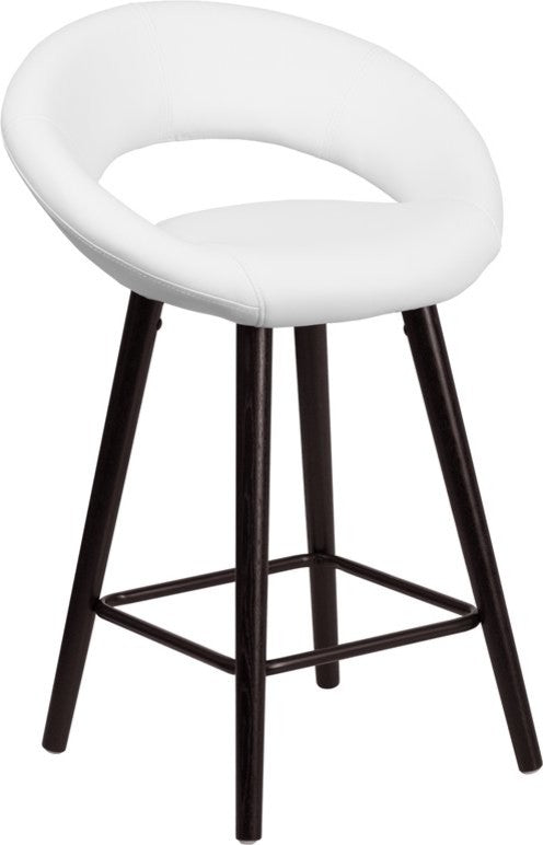 Estella Lexi Rounded Low-Back 24" Cappuccino Wood Counter Stool, White Vinyl