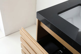 Matera Wall Mount Modern Bathroom Vanity, Pecan Oak, 48", Black Countertop