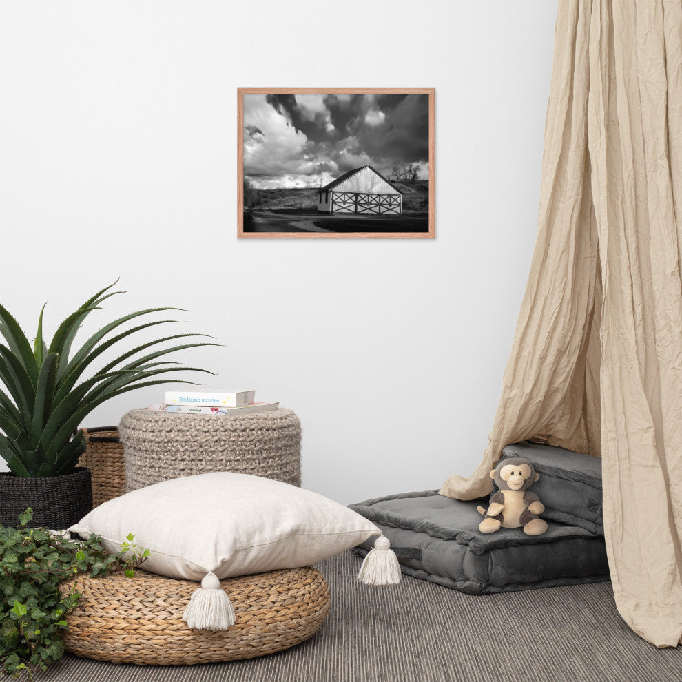 Aging Barn Morning Sun in Black and White Framed Photo Paper Wall Art Prints, Red Oak, 18" X 24"