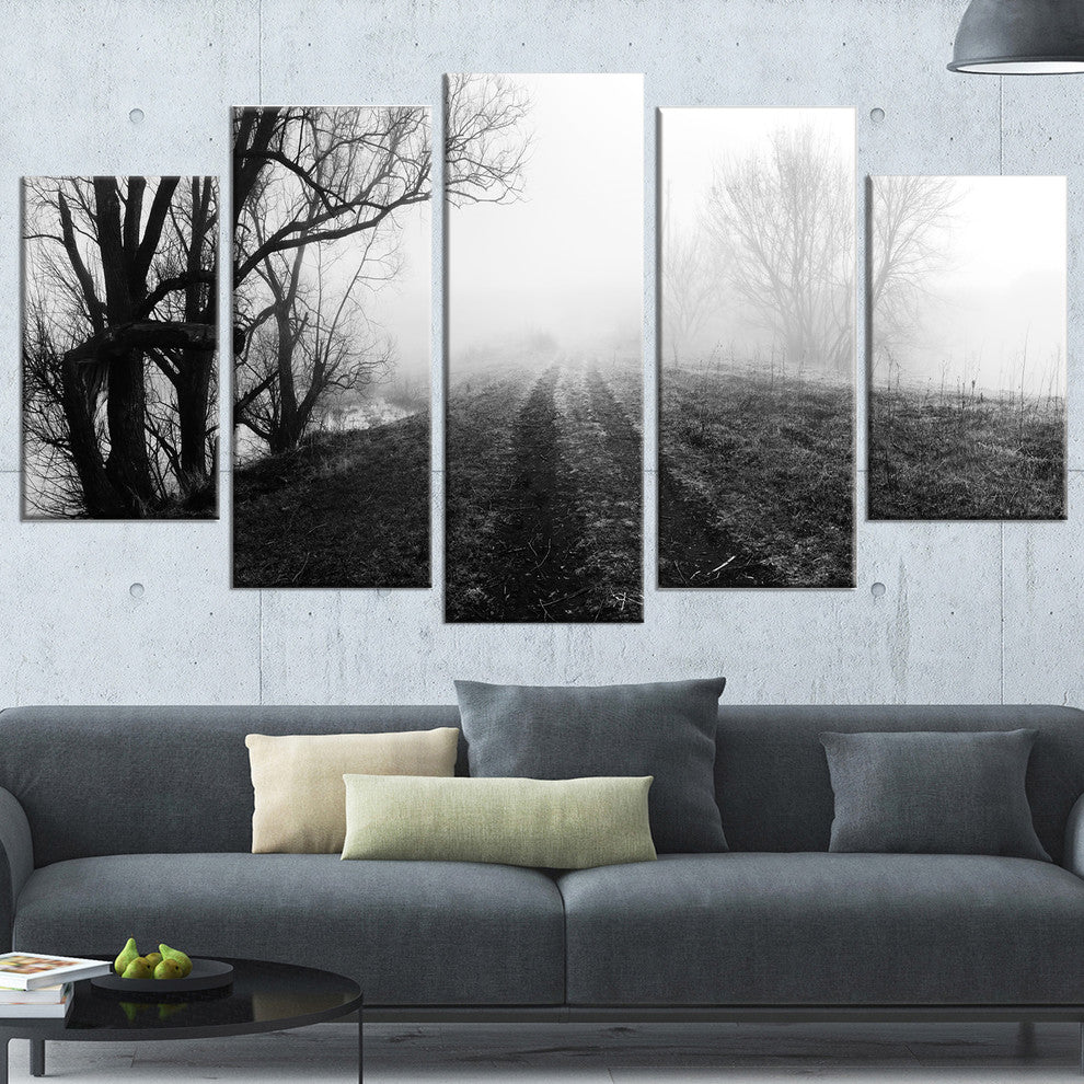 "Black And White Misty Landscape Panorama" Landscape Wall Art, 5 Panels, 60"x32"