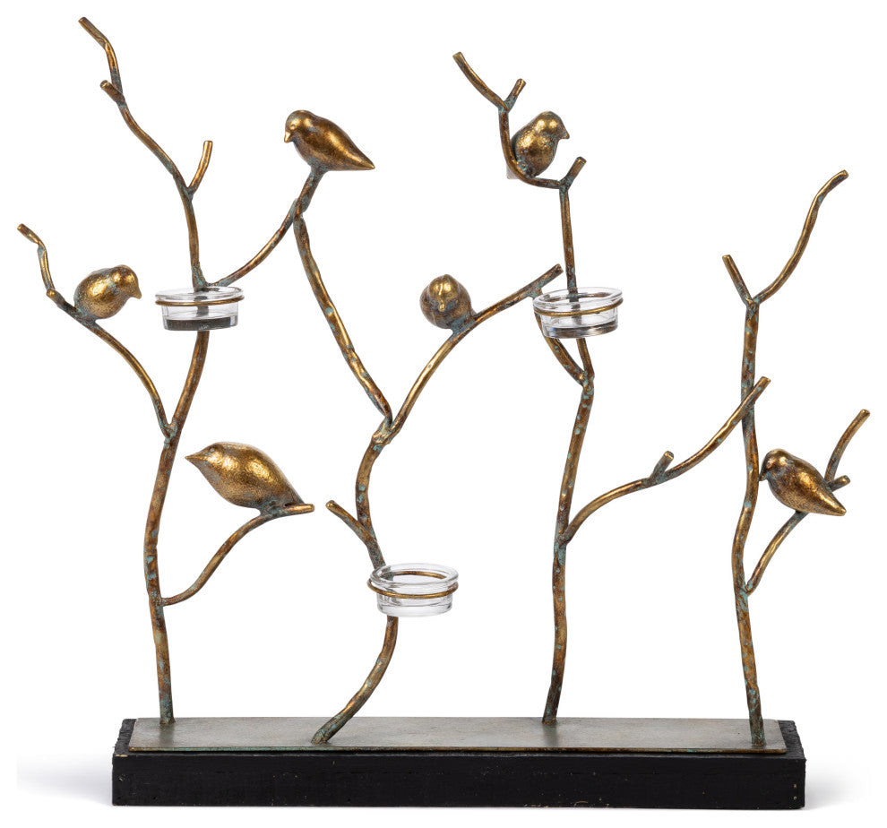 17.91" Metal and Wood Bird, Branches Tabletop Decor